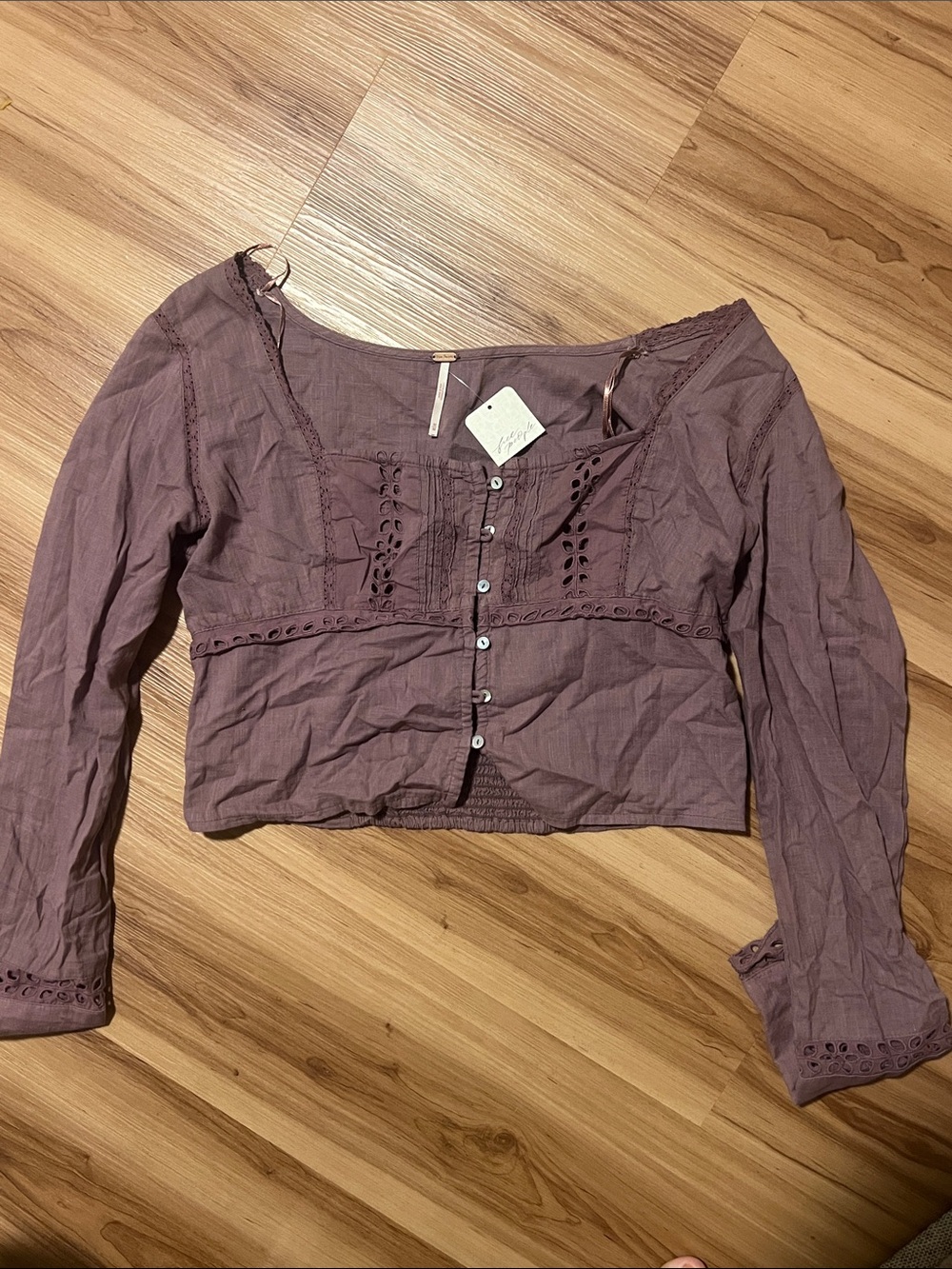 Free People Mauve Lace-Trim Button Front Crop Top